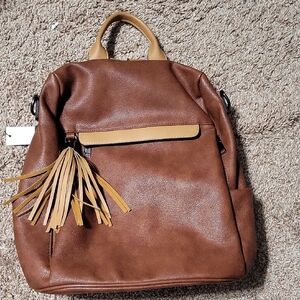 Brown Leather Backpack with Tassel